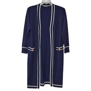 Vila Milano Longline Open Cardigan Sweater Navy Blue White Stripe‎ Button Pocket